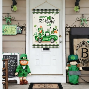 Bannière de porche Saint-Patrick avec leprechaun et camion vert sur toile de jute