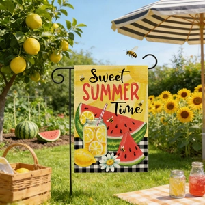 Detailed view of Sweet Summer Time garden flag with watermelon and lemonade graphics