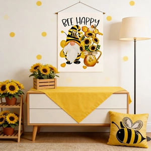 Close-up of Bee Happy linen garden flag featuring gnomes and sunflowers in a cozy setting