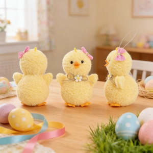 Three yellow lamb wool Easter chick plush pendants with pink bows for home decoration