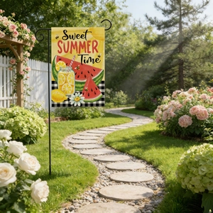 Detail of Sweet Summer Time garden flag featuring watermelon and lemon illustrations