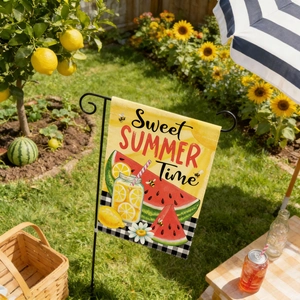 Detail of yellow linen garden flag with Sweet Summer Time text and black metal stand