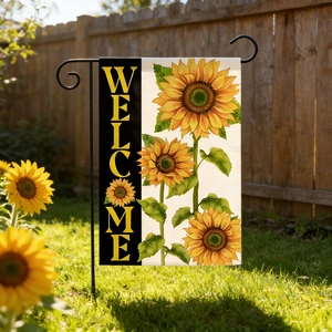 Garden welcome flag with sunflowers and bees hanging on a black metal garden flag holder
