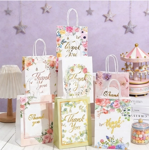 Floral gift bags set with Thank You gold foil text and white handles for party favors