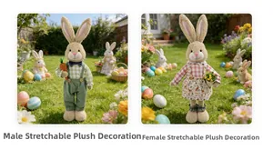 Detail of Easter bunny plush with telescopic legs and colorful garden theme decor