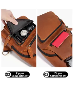 Detail view of the multiple zippered compartments inside the leather crossbody bag