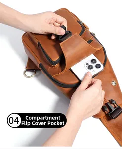 Detail view of crazy horse leather chest bag showing interlayer flap pocket for smartphone