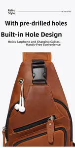 Detail of crazy horse leather chest bag with a headphone port and a black buckle closure