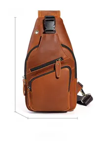 Front view of brown crazy horse leather crossbody chest bag with size dimensions