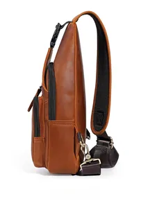 Side view of retro crazy horse leather chest bag showing double zippers and shoulder strap