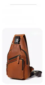 Detailed view of retro brown crazy horse leather chest bag with zipper pockets and buckle