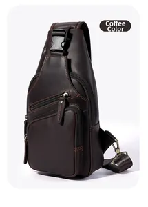 Detailed side view of coffee crazy horse leather chest bag with zipper compartments
