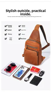 Brown leather chest bag showing large capacity with tablet, phone, and daily accessories