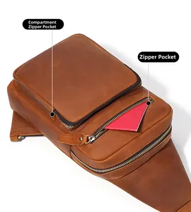 Detail view of leather crossbody bag featuring interlayer and small zipper pockets
