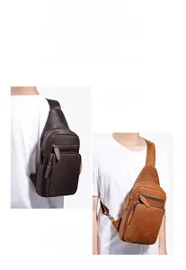 Detail of vintage genuine leather crossbody bag for men showing various carrying styles