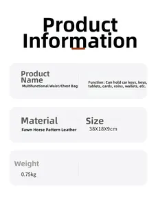 Detailed spec sheet for crazy horse leather chest bag showing 38X18X9cm size and 0.75kg weight