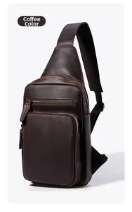 Detailed side view of coffee brown genuine leather chest bag showing layered zipper pockets
