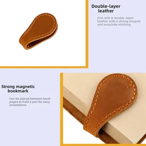 Segnalibro magnetico in pelle marrone con cuciture usato come clip per libri e penne