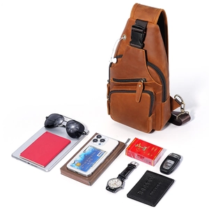 Retro brown crazy horse leather chest bag for men with multi-zipper storage pockets