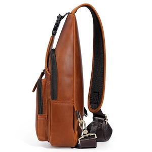 Vintage brown crazy horse leather sling bag for outdoor travel with adjustable strap