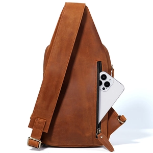 Vintage brown genuine leather chest bag with wide strap and phone storage pocket