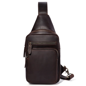 Premium dark brown genuine leather men's chest bag with vintage bronze hardware