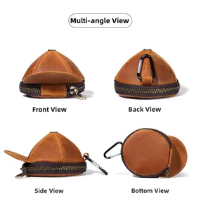 Vista multi-angolo di un portamonete vintage in pelle a forma di berretto con cerniera lampo