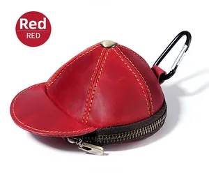 Portamonete in pelle rossa a forma di cappello con moschettone e zip per portachiavi