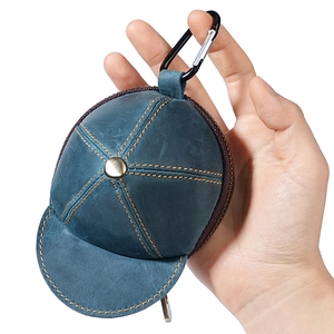 Portamonete in Vera Pelle Vintage a Forma di Cappello da Baseball in Pelle di Vacchetta Primo Strato Mini Custodia con Cerniera e Moschettone