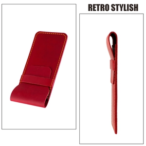 Macro view of red crazy horse leather pen case with contrast yellow stitching details