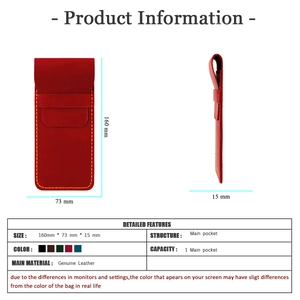 Detailed size chart of vintage red genuine leather pen sleeve with 160x73mm dimensions