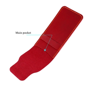 Detail of red crazy horse leather pen case showing the main pocket and yellow stitching