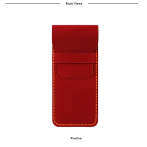 Detailed view of deep red vintage leather pen case with contrast yellow stitching