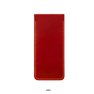 Rear view of vintage red leather pen pouch featuring contrasting yellow hand stitching