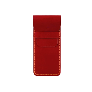 Detail of red crazy horse leather pen pouch featuring orange stitching and flap closure