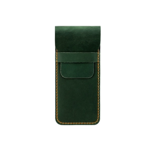 Close-up of dark green crazy horse leather pen case with orange contrast stitching detail