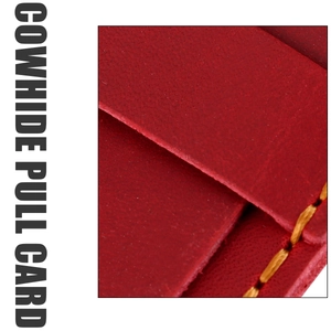 Detailed view of red cowhide leather pen case with yellow stitching and pull card slot