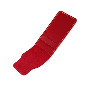 Vintage red crazy horse leather fountain pen sleeve pouch with yellow stitching on white background