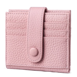 Pink genuine leather wallet with RFID blocking, multi-card slots and secure buckle