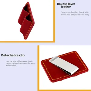 Macro detail of red split leather pen holder with removable silver stainless steel clip