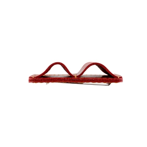 Detail view of red crazy horse leather pen holder with metal clip and yellow stitching