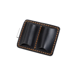 Detail of black crazy horse leather double pen sleeve with vibrant orange stitching and clip