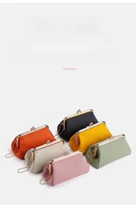 Collection of leather coin purses with kiss-lock clasp in six vibrant colors and gold chains