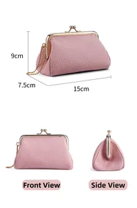 Pink pebbled leather kiss-lock pouch dimensions 15x9x7.5cm with gold bead chain strap