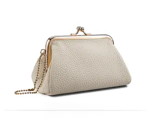 Macro detail of off-white grain leather coin purse with golden kiss-lock and bead chain