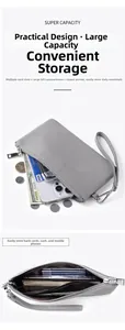 Detailed view of grey leather wallet interior with multiple card slots and phone pocket
