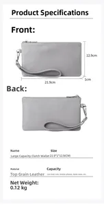 Detailed size specifications and interior capacity of the grey pebble leather clutch wallet