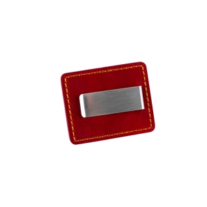 Red crazy horse leather pen case with silver metal clip and yellow stitching details