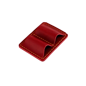 Dual slot crazy horse leather pen case with yellow stitching on white background