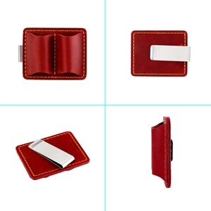 Handmade crazy horse leather pen pouch with steel clip in retro red and yellow stitching